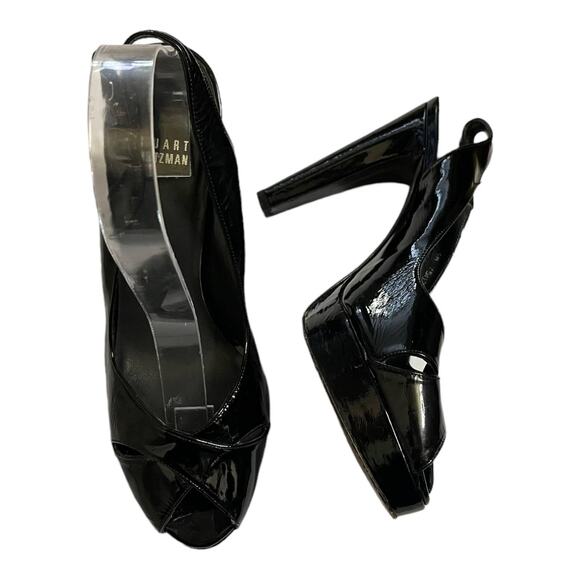 STUART WEITZMAN Platform Patent Leather Pumps Peep Toe Slingback Block Heels 8.5 - Picture 13 of 13